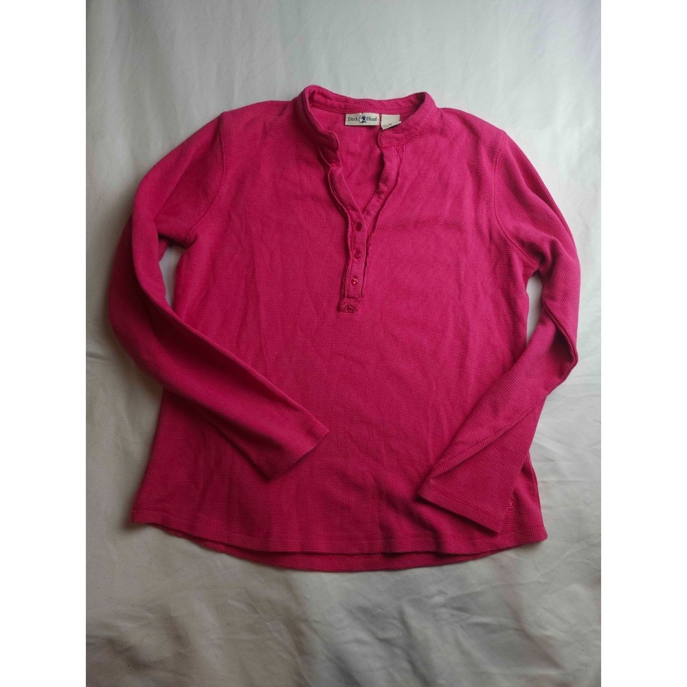 Duck Head Henley Shirt Womens Medium Pink Waffle Knit Long Sleeve Thermal Top